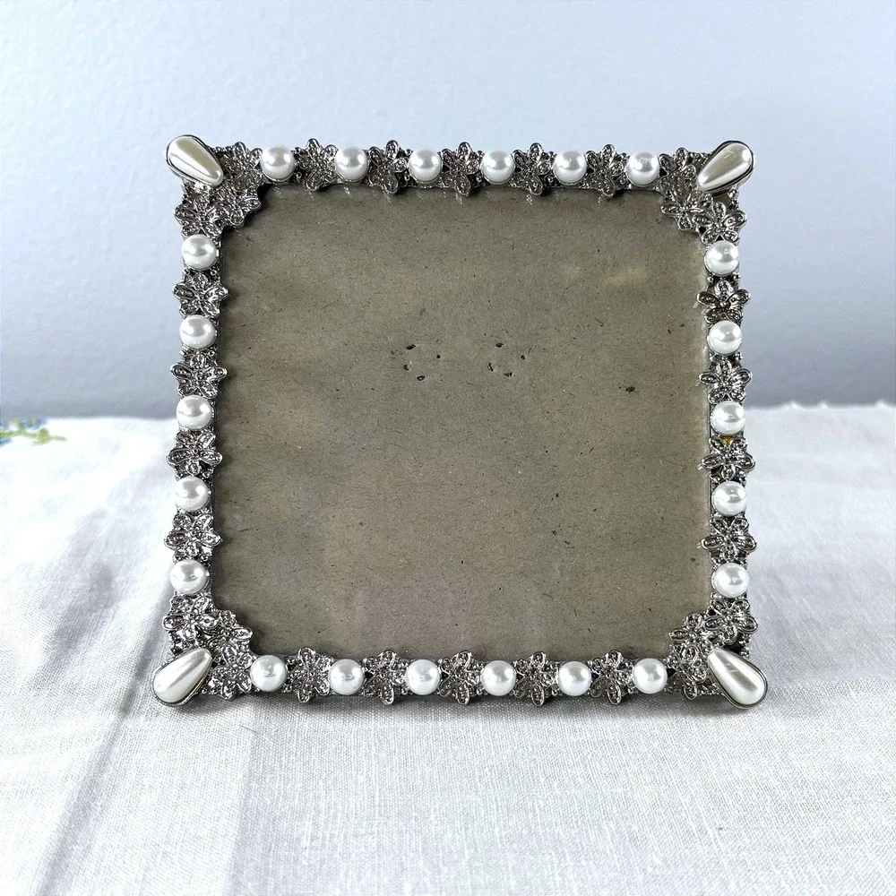 Concepts In Time Silver Floral Faux Pearl Square Picture Frame